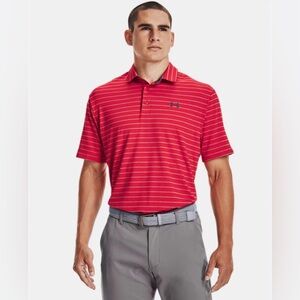 NWT Under Armour Men's Red Striped Playoff Polo Shirt (Size M)